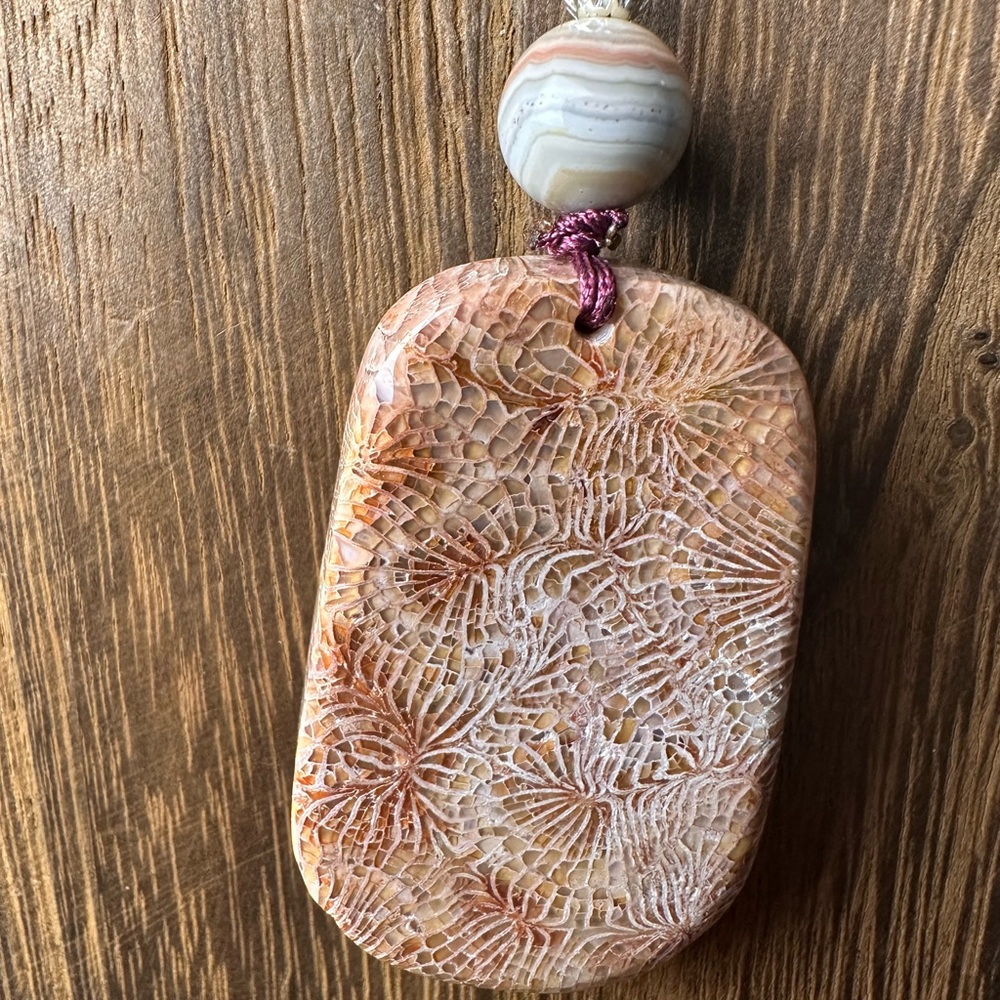 Handcrafted Coral Fossil Lady Pendant Necklace, Botswana Agate on Brown Rope - Picture 10 of 13